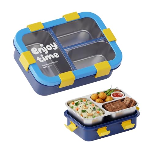 Image of ATTRO JoyBox Steel Lunch Box, 3 Compartment, Stainless Steel Inner Tray, Leakproof Airtight Lid, 4-Side Locks, BPA-Free Food Grade Lunch Box for Kids, School & Office - Blue-750ml