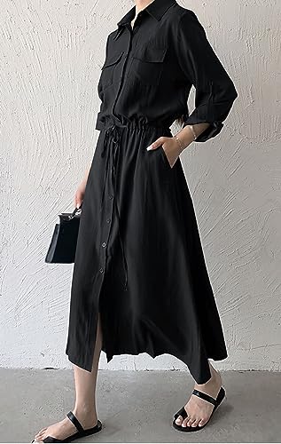 Image of Women Roll-Up Long Sleeve Button Down Shirt Midi Dress