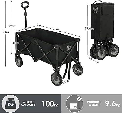 Timber Ridge Collapsible Folding Festival Wagon, Pull Along Trolley on Wheels with Adjustable Handle Cover Bag Drink Holders, Camping Outdoor Garden Picnic Shopping Beach, 100KG Weight Capacity, Black