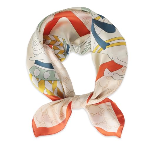 EXTREE Fashion Silky Satin Headscarf for Women Girls: Exquisite Pattern Lightweight Silk Graceful Scarfs 27.5 x 27.5 inches Beige Horse Orange Edge