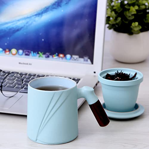 Huaying Tea Mug With Infuser, Ceramic Tea Cup With Infuser And Lid For Steeping Loose Leaf Tea Chinese Wooden Handle Diffuser Teacup For Office/Home/Gifts (13.5 Oz, Light Blue) #TOP4