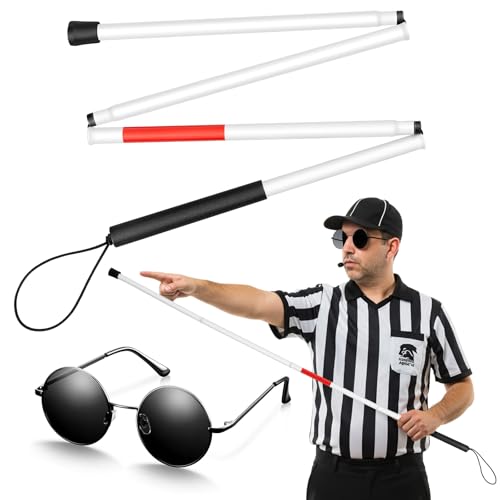 2 Pcs Folding Blind Cane Walking Stick with Red Reflective Tape and Retro Small Round Sunglasses for Men Women Vision Impaired and Blind People