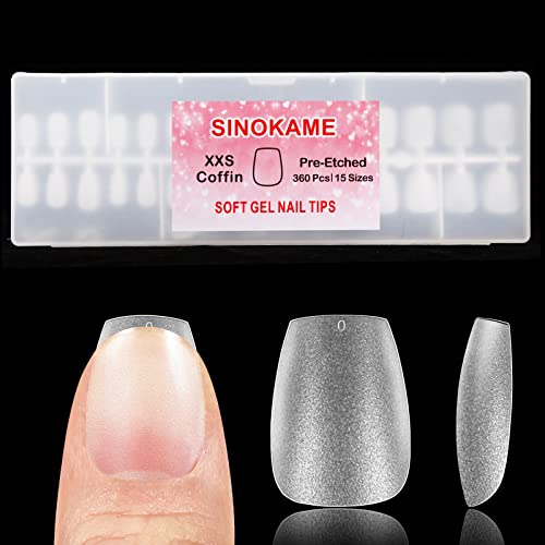 Sinokame 360Pcs Extra Extra Short Coffin Nail Tips, Xxs Coffin Soft Gel Nails Full Cover For Small Nail Beds, Pre-Etched No File Needed, Short False Nails For Soak Off Gel Extensions &Press On Nails,15 Sizes With Storage Case #TOP3