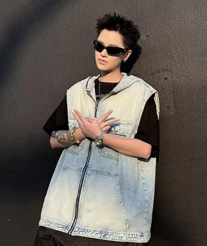 Pantete Men’s Denim Vest Sleeveless Zipper Vintage Distressed Western Cowboy Jean Vest with Hooded Trendy2