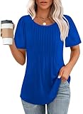 Womens Tops Summer Short Sleeve Pleated Loose Fit Blouses Dressy Casual Business T Shirts Solid Plain Blue 2XL