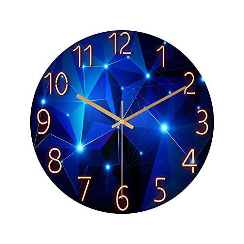 Glass Geometric Wall Clock Blue Battery Operated, 12 Inch Extra Large, Quartz Clock, Wall Watch Silent Clock for Hoom Decor, Perfect for Kitchen Backyard Garage Office Gym