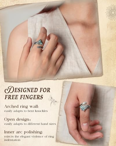 S925-Sterling-Silver Abalone Dragonfly-Turquoise Spoon Ring - Vintage Boho Sunflower Thumb Oxidized Wrap Rings Victorian Style Antique Floral Jewelry Gifts for Women4