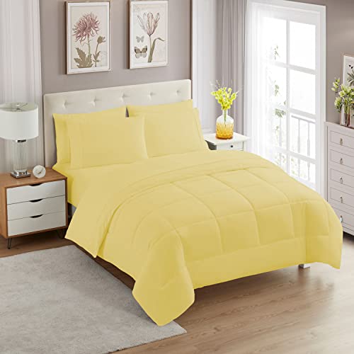 Sweet Home Collection 7 Piece Comforter Set Bag Solid Color All Season Soft Down Alternative Blanket & Luxurious Microfiber Bed Sheets, Yellow, Twin XL
