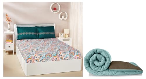 Image of Amazon Brand - Solimo Microfibre Reversible Comforter, Double (Sky Blue & Taupe Grey, 200 GSM) Paisley Preen 144 TC Double Bedsheet with 2 Pillow Covers, Green and Orange