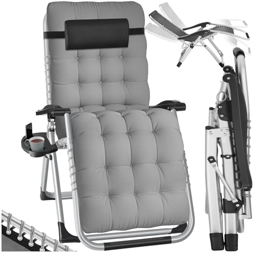 tectake® Silla Tumbona Plegable para Playa y Jardín, Cojín Cabezal Extraíble, Estructura de Acero, Mesa Auxiliar, Ideal para Camping y Picnic, Silla Exterior Terraza - 1 Tumbona Gris Claro