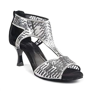PortDance Dames dansschoenen Salsa Tango Sandaal PD813 Pro – Kleur: Zwart / Zilver – Hak: 5 cm Flare (klein) – Made in…
