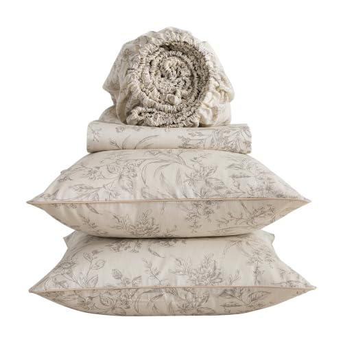 Image of Vintage Beige Floral Percale Sheets King Size, Deep Pocket, 4Pcs | 100% Cotton Neutral Flower Sheet Set, French Country Bordered Bed Sheets, Shabby Chic Toile Bedding, Cottage Core, Leaf Print