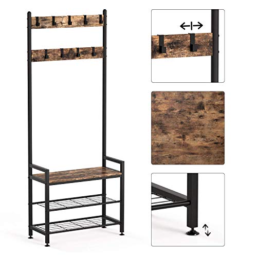 Ballucci Entryway Coat Rack With Shoe Bench, 3-In-1 Hall Tree And Shoe Rack Storage Shelf Organizer, Black Steel Frame With 9 Adjustable Metal Hooks - Rustic Brown #TOP3