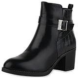  VAN HILL Damen Biker Boots Blockabsatz Schnallen Trendy Schuhe 213439 Schwarz Kroko 36