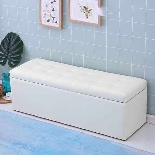 Banco de almacenamiento tapizado con reposapiés, color negro (blanco roto 110 x 30 x 35 cm), soporta hasta 660 libras, ideal para sala de estar, comedor, almacenamiento, baúl, taburete funcional y
