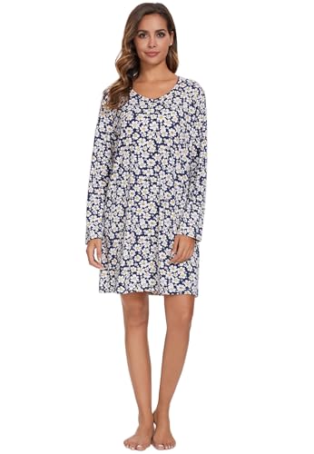 Image of Kabento 2 Pack Long Sleeve Nightgowns for Women Soft Cotton Night Gowns Sleepwear V Neck Nightshirts