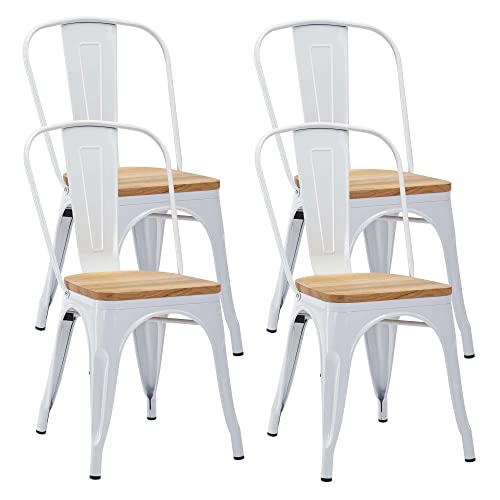 Duhome Sillas de Comedor Juego de 4 Silla Bistrot Industrial de Metal Hierro con Respaldo Estilo Vintage Taburete para Cocina Bar Café Restaurante, Blanco y Madera