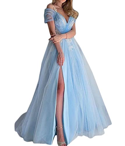 Onsoyours Élégant V-col A-Line Longue Dentelle Robes de mariée Robe de mariée Vêtements de mariée B Bleu L