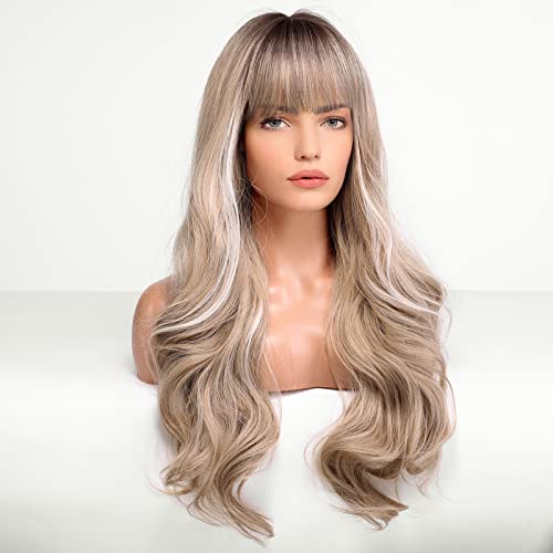 EMMOR Ombre Blonde Wavy Wigs for Women Highlight Color Wigs with Bangs Long Curly Heat Resistant Fiber Synthetic Wig Natural looking for Daily Use - Image 4
