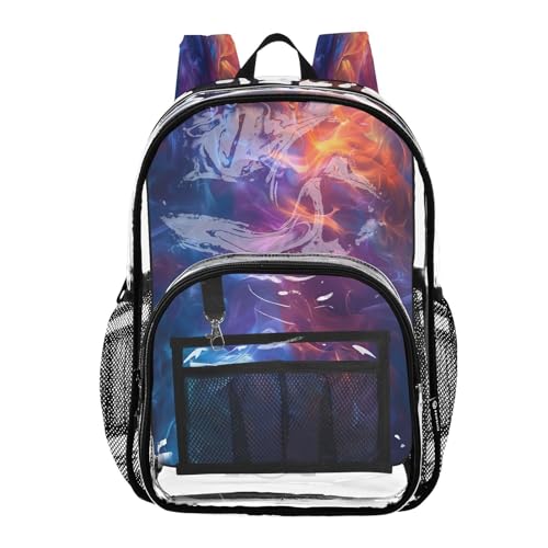 Mochila transparente escolar y de trabajo con diseño de llamas de fuego