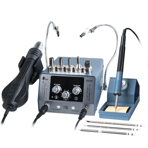 HengTianMei 720W Soldering Iron Station 2-IN-1 SMD Hot Air Rework Station with 2 Helping Hands, 3 Soldering Tips, 5 Nozzles, Sleep Mode, Fast Heating, 392?-932?, for Electronics PCB Repair?8512P?