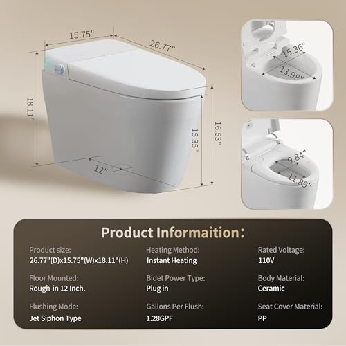 Inodoro inteligente sin tanque de una pieza, inodoro eléctrico con bidé integrado, asiento calefactado, agua tibia y secador, sensor de pie/autodescarga sin contacto, temperatura ajustable, control remoto, autolimpiable miniatura 2