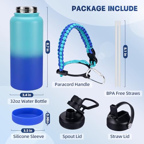 Image of Insulated Water Bottle, 32 oz Stainless Steel Wide Mouth Water Bottles with 2 Leak Proof Lid and Paracord Handle, Double Wall Vacuum Insulated Sports Water Bottle, Teal Blue