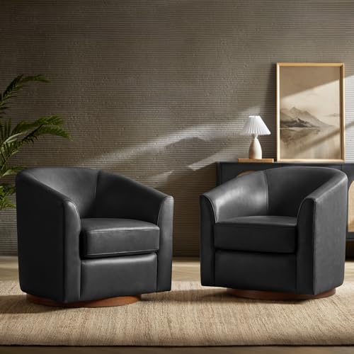 Image of HULALA HOME Genuine Leather Swivel Barrel Chairs Set of 2, Round Swivel Accent Chairs with Solid Wood Base, Leather Barrel Accent Chair for Living Room, No Assembly Required, Black