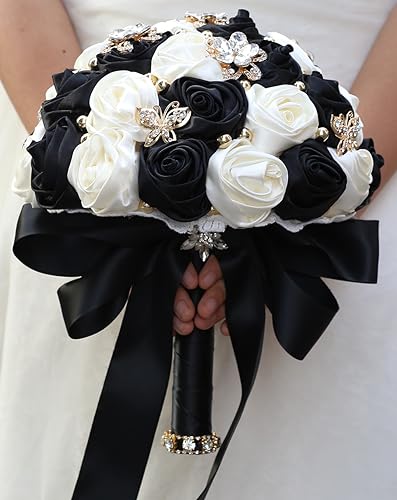 Sharebeauty 7.1" Handmade Satin Rose Bridal Bouquet Toss Round Wedding Bouquet Throw Toss Artificial Flower Bunch Black + Ivory