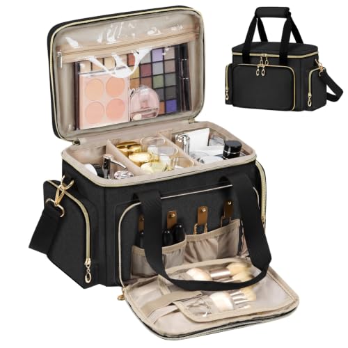 Image of GDNasist Large Makeup Bag, Portable Travel Makeup Bag Organizer | Cosmetic Travel Bag for Women Girls with Removable Shoulder Strap & Detachable Dividers, Toiletry Bag for Makeup Black