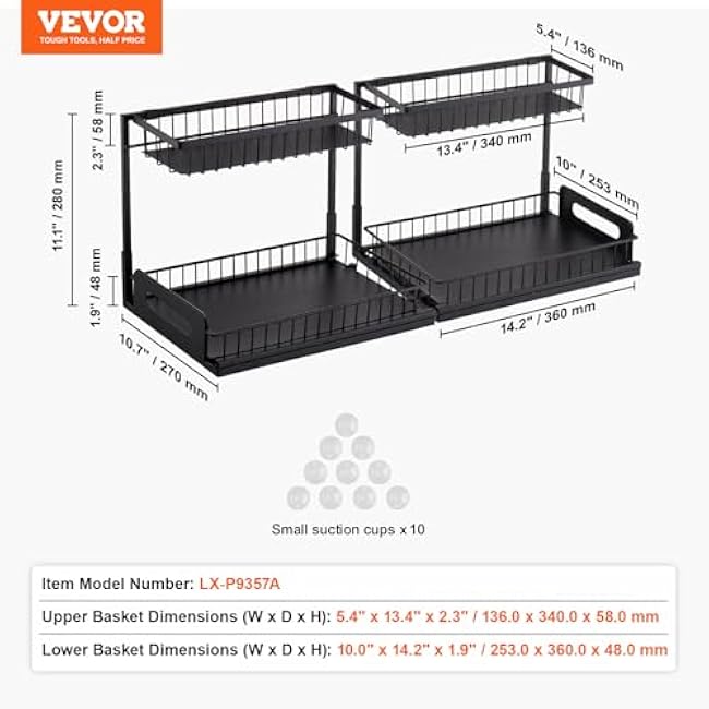 VEVOR 2 Tier Pull Out Cabinet Organizer(10.7W x 14.2D ), Under Sink Organizer and Storage, Slide Out Drawer Cabinet Organizer, Wire Basket Sliding Shelf for Kitchen Bathroom Cabinet, Black (2 Pack)-f17cu8ap
