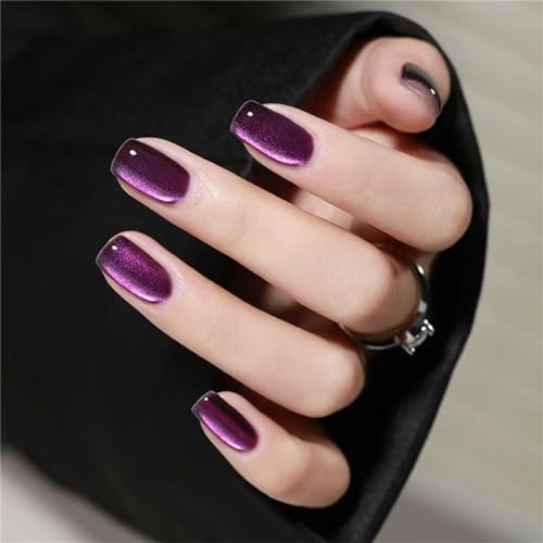 Crazynekos Shiny Purple Cat's Eye Fake Nail Short Square Press on Nails Tips Nail Art Decoration for Women and Girls Manicure 24pcs