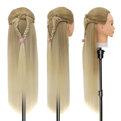 Trainingsköpfe, 28 inch Übungskopf Frisierkopf Friseur 100% Synthetikfaser-Haar Styling Kopf Frisierkopf für Frisöre mit kostenloser Klemme und DIY Flechtset (27-613)