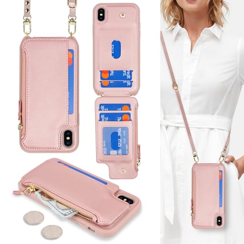 Cavor for iPhone Xs Max Case with Card Holder,iPhone Xs Max Wallet Case for Women,Phone Case iPhone Xs Max Case with Strap,Crossbody Lanyard and Wristlet,Leather Zipper Pocket Case-Rose gold