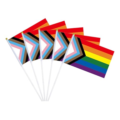 12 Pack Small Progress Pride Flags on Stick 5.5x8.2 Inch Mini Progressive Handheld Flags LGBTQ Gay Lesbian Bisexual Transgender Flag for Parades Pride Month Celebration & Events Party Decorations