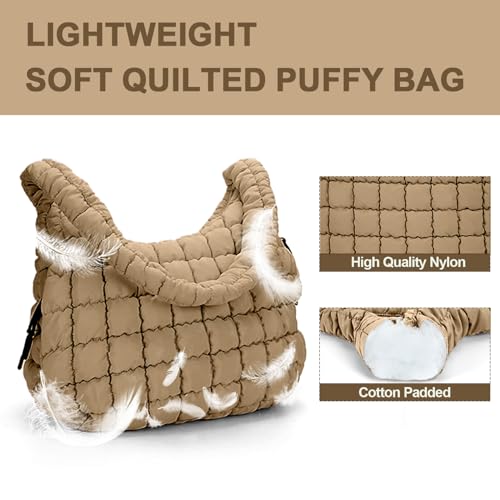 Image of Puffer Tote Bag for Women Quilted Puffer Tote Bag Quilted Crossbody Bag Soft Pufferr Shoulder Bag Quilted Padding Hobo Bag, Khaki-a