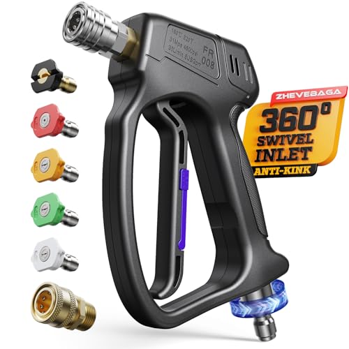 Image of Short Pressure Washer Gun with 360Swivel, 4000 PIS Power Washer Gun | Stubby High Pressure Washer Gun, 3 /8 inch Male Plug, 1 /4 inch Quick Connect, 5 Spray Nozzle, Car Wash Gun for Foam Cannon