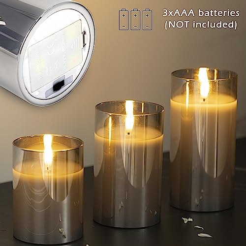 Image of LUSHARBOR LUSHABOR Flameless Candles with Remote, 3 Pack Glass Battery Operated Candles with Timer, Real Wax Glass LED Candles Flickering Wedding Home Party Christmas D3 H4 5 inch 6 inch Grey