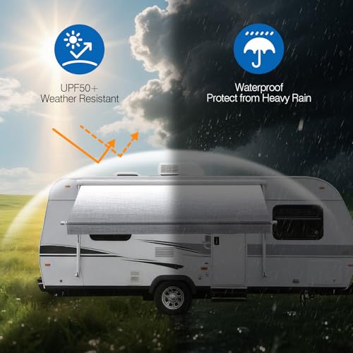 Image of Dulepax RV Awning Fabric Replacement(15'2 inch Fabric) Heavy Duty 19.5 oz Vinyl Fabric -Camper Awning Replacement Universal Replacement RV Awnings with Pull Strap for All Awning Brands-Senior Fade Grey