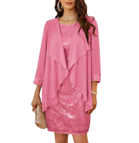 Festival Glänzendes Pailletten Knielang Jumpsuit für Damen Ärmelloser V-Ausschnitt Solide Farbe Sexy Party Bleistiftkleid Rosa XXL