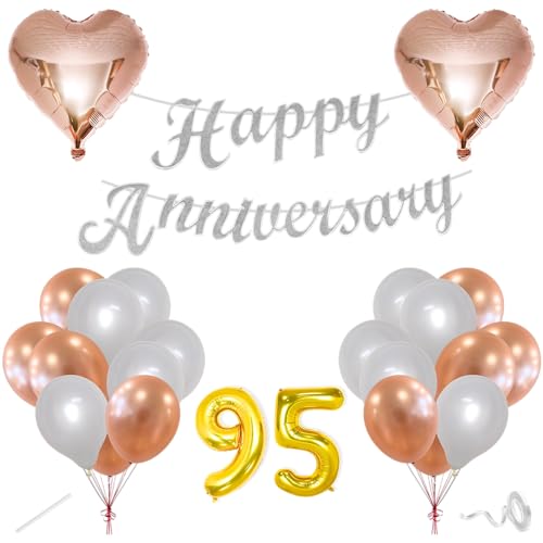 Image of Flyloons 95th Happy Anniversary Decoration Items Rose Gold White for Men Women Husband Wife Mom Dad Parent Couple Home Bedroom Car With 20 Pcs Metallic Balloons Anniversary Banner 2 Pcs Heart Set Kit