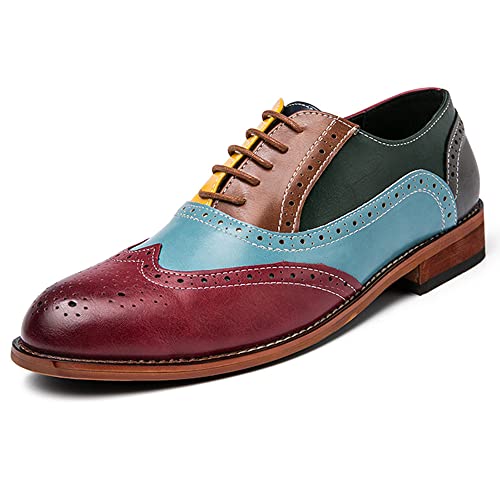Santimon Men's Wingtip Oxfords Brogue Dress Shoes Lace-up Leather Antique Brown & Blue Italian Formal Derby Loafer Shoes