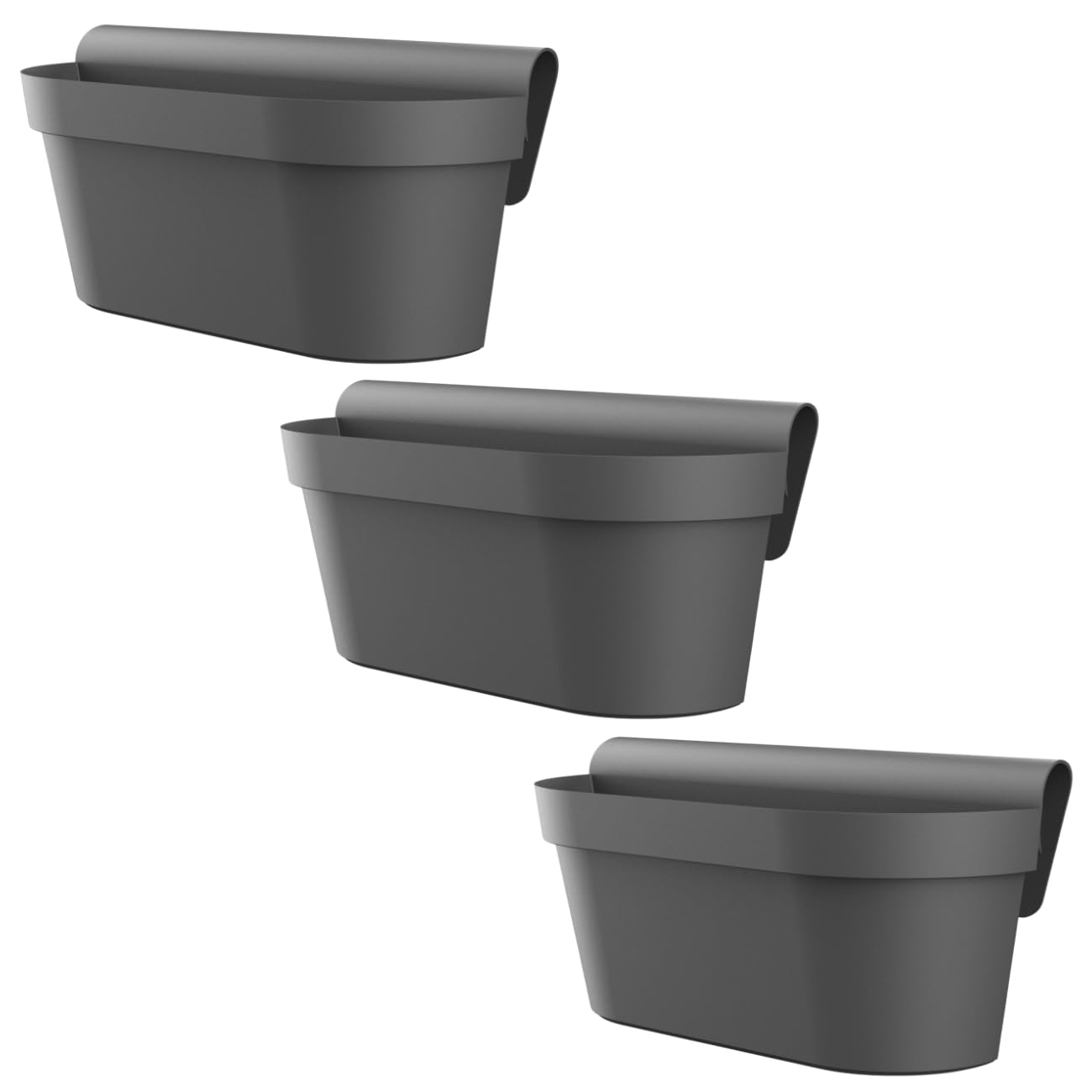 3 x Balkonkasten für Geländer & Zaun, Anthrazit, Blumentopf mit Wasserspeicher, Blumenkasten zum EIN-Hängen, Balkontopf, Pflanzkasten, 49 x 20,5 x 23 cm, Außenbereich, Kunststoff