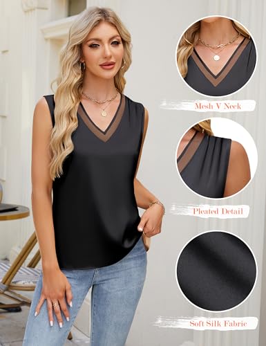 Blooming Jelly Womens Silk Business Dressy Casual Tank Tops Mesh V Neck Sleeveless Summer Blouse Work Pleated Outfits3