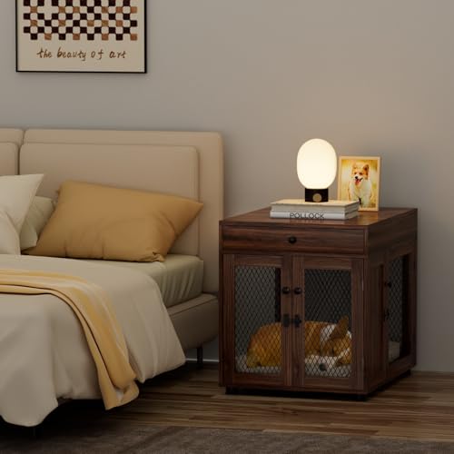 VOWNER Hundekäfig Möbel Indoor, 3 Türen Holz Hundebox mit Schublade, Moderne Hundehütte als Beistelltisch, 60 x 80 x 69 cm für kleine/mittelgroße Hunde Zuhause unter 30 kg, Walnussbraun