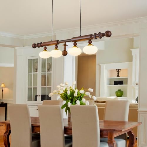 Image of Wood and Globe Linear Chandelier Wooden Farmhouse Dining Room Light Fixture Rustic 4-Light Linear Kitchen Island Lighting Mid Century Modern Globe Hanging Pendant Light with Milk Glass Lampshade
