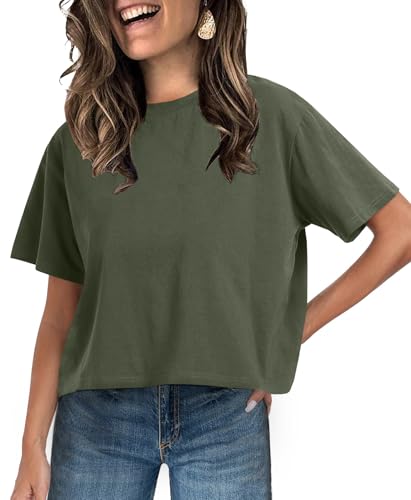 Image of UNCLECAT Womens Short Sleeve Crop Tops Summer Basic Cropped T Shirts | Workout,Casual,Crew Neck Tee,Boxy Loose Fit,Cotton Trendy Clothes