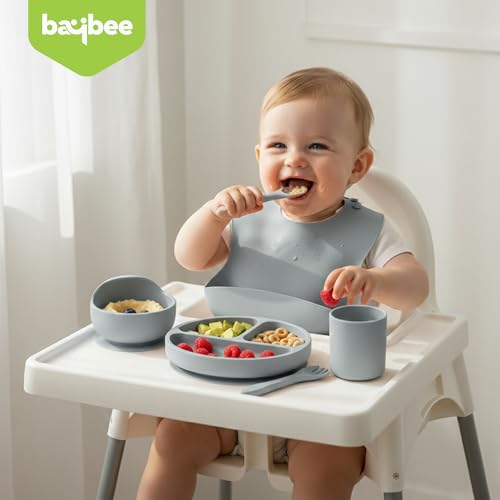 Image of Baybee Silicone Baby Feeding Set | Bpa Free & Microwave Safe Food Grade Baby Utensils with Suction Plate & Bowl, Bib, Water Cup, Forks, Spoons for Infants, Toddlers, Kids Weaning Food Cutlery (Grey)