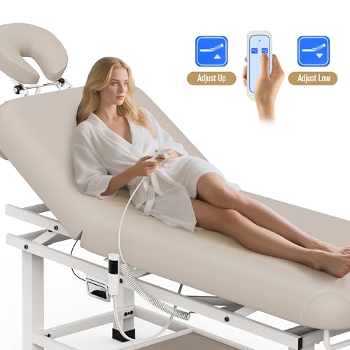 Image of pouseayar Heavy Duty Electric Stationary Massage Table with Heating Function, Backrest Adjustable and Storage Space for Treatment /Medical Spa /Facial /Beauty /Massage Bed - 30 x 75 - Beige Gray