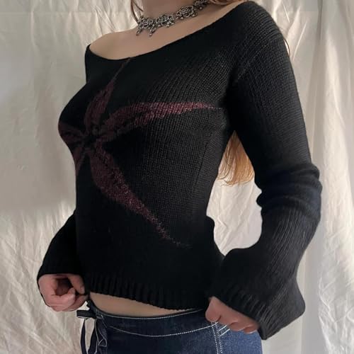 Image of Women Off Shoulder Knit Crop Tops Long Sleeve Floral Printed Fairycore Crochet Jumper Pullover Knitwear A Black